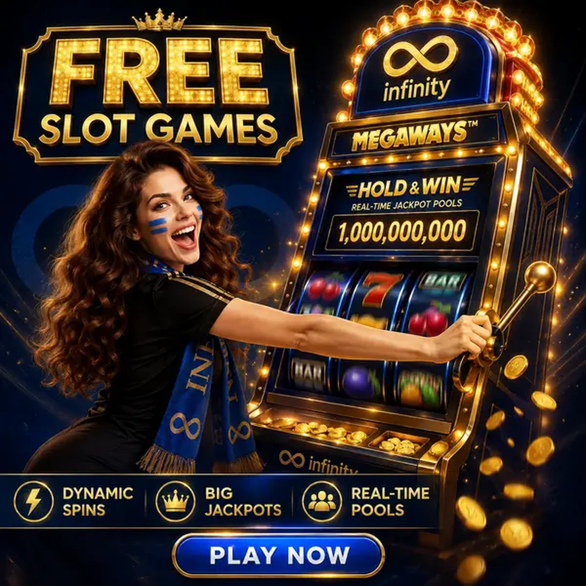Ενεργητικός παίκτης τραβά μοχλό στο Infinity Free Slot Games ενώ οι τροχοί περιστρέφονται με χρυσό ενθουσιασμό