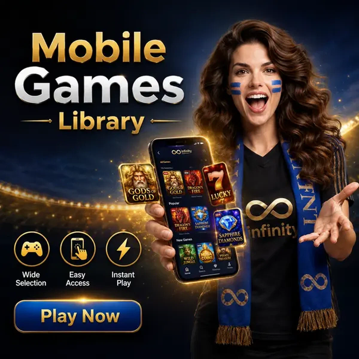 Γυναίκα ενθουσιώδης δείχνει διεπαφή mobile εφαρμογής στην πύλη Mobile Games Library